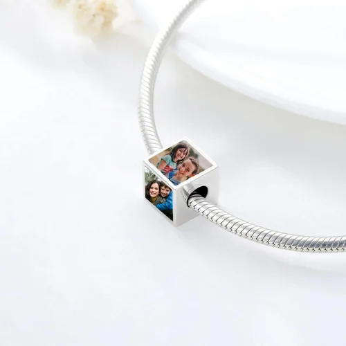 Miniatura 4 de LONAGO Abalorio personalizado de cuatro lados y tres caras con foto de dos caras de plata de ley 925, cuenta personalizada con capacidad para 234