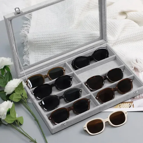 Miniatura 2 de Wudygirl Organizador de joyas, organizador de lentes de sol, bandeja de terciopelo con 8 ranuras, estuche para lentes de sol con tapa, estuche
