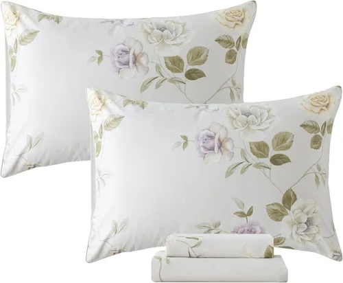 Miniatura 77 de FADFAY Juego de sábanas tamaño King, 100% algodón, elegante ropa de cama de granja con hojas verdes menta y flores blancas, sábana suave