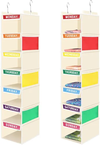 Amylove Organizador semanal de ropa para niños, 2 piezas, con 7 estantes, organizador colgante de armario de 11.8 x 11.8 x 50 pulgadas, actividades