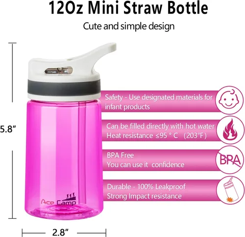 Miniatura 4 de AceCamp Botella de agua pequeña de 12 onzas, paquete de 2 con popote para niños y adultos, sin BPA, botella deportiva de Tritan a prueba de fugas