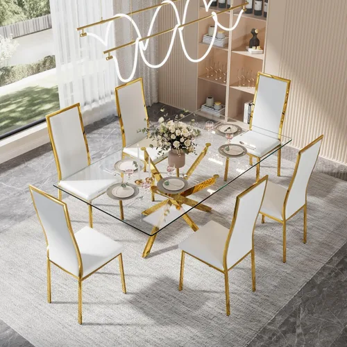 Miniatura 3 de Juego de 4 sillas de comedor modernas, de piel sintética blanca con patas de metal cromado dorado, diseño de respaldo alto curvo y acolchado