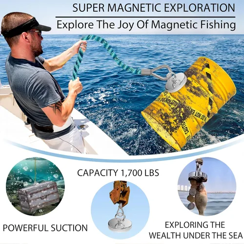 Miniatura 5 de Magnetpro Imán de pesca, imán de neodimio fuerte de más de 1700 libras de fuerza de tracción, imanes de tierras raras con perno de anillo, diámetro