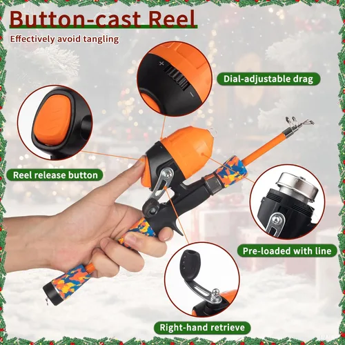 Miniatura 4 de Juego de caña de pescar para niños, caña de pescar telescópica portátil y carrete combo completo para niños, niñas, principiantes, jóvenes Naranja