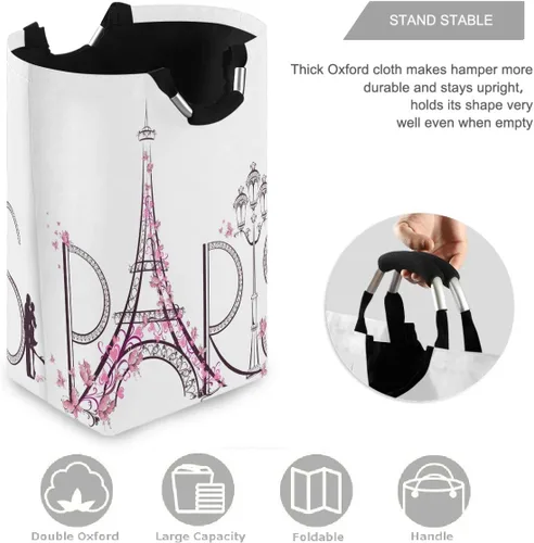 Miniatura 3 de visesunny Tower Eiffel - Cesta grande para ropa sucia con letras de París, con asa, plegable, duradera, bolsa de lavandería, contenedor de juguetes