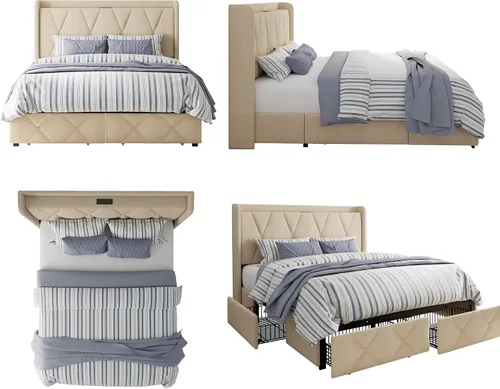 Miniatura 8 de GalnFu Base de cama de tamaño matrimonial con 4 cajones de almacenamiento, plataforma tapizada con estación de carga, moderna cabecera de Beige