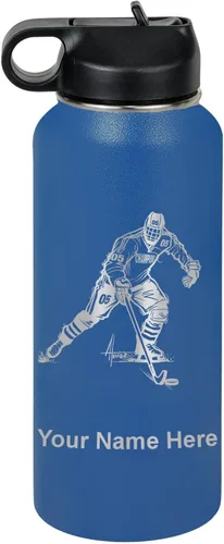 Miniatura 25 de LaserGram Botella de agua personalizada, jugador de hockey, acero inoxidable de doble pared aislada al vacío con popote superior, regalo grabado