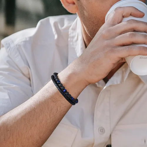 Miniatura 2 de LUXEJEW Gifts for Men - Mens Bracelet, Beaded Leather Bracelets for Men 6mm Tiger Eye Lava Rock Stone Handmade Bracelets Adjustable Stainless Steel