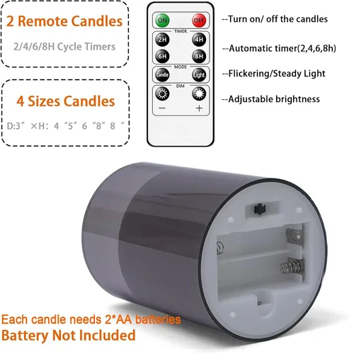 Miniatura 9 de Fo32won juego de 5 velas LED sin llama de pilar gris, que funcionan con pilas, con control remoto y temporizador, velas decorativas acrílicas