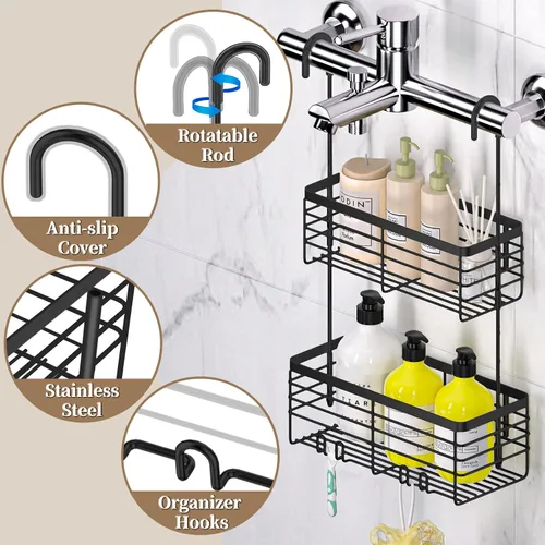 Miniatura 5 de DELLAN Organizador Colgante de Ducha de 2 Niveles, Estante de Ducha con Ganchos Sobre la Puerta, Organizador y Cesta Colgante de Acero Inoxidable