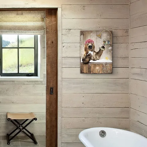 Miniatura 6 de Bonito oso para decoración de baño, arte de pared divertido con estampado de oso de casa de campo, pintura decorativa de pared enmarcada moderna