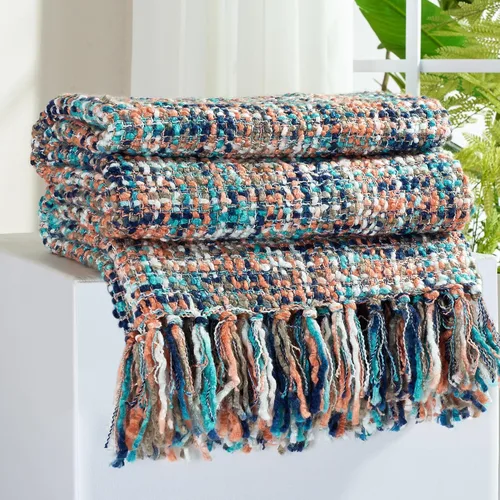 Miniatura 16 de Manta Throw de Punto de Cable Verde Multicolor para Sofá, 50"X60" Manta Texturizada Estilo Bohemio para Decoración del Hogar, Manta de Punto Grueso