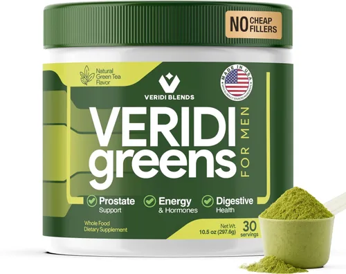 Veridi Greens for Men 40+ | Superalimento en polvo con palma enana americana 200 mg y espirulina | Salud diaria de la próstata, flujo urinario y