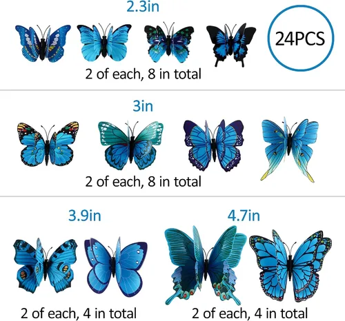 Miniatura 6 de Calcomanías de pared de doble capa de mariposas en 3D de 24 unidades, calcomanías de pared de mariposas, removibles, decoración para fiestas