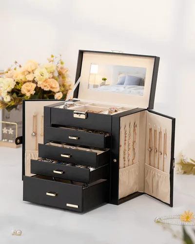Miniatura 8 de Homde Regalos de Navidad de cuero sintético, enorme joyero, organizador de reloj con espejo, collar, anillo y aretes, estuche de regalo con Dorado