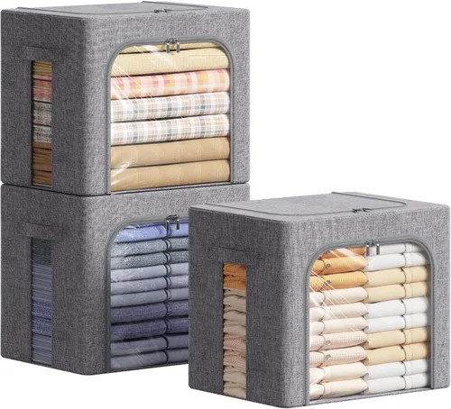 Lifewit Cajas de Almacenamiento de Ropa con Marco de Metal, Caja de Almacenamiento Apilable, Cajas de Almacenamiento de Ropa Plegables con Tapa,