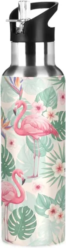 Tropical Leaves Pink Flamingos Insulated Stainless Steel Water Bottle with Straw 32 Oz Leakproof Water Bottles, BPA-Free Sport Water Bottle