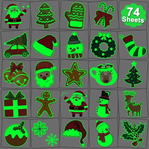 CHARLENT Tatuajes temporales de Navidad que brillan en la oscuridad para suministros de fiesta de niños, 74 hojas individuales, tatuajes luminosos