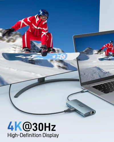 Miniatura 3 de Acer Hub USB C con HDMI 4k, adaptador USB C 9 en 1 a Ethernet, estación de acoplamiento USBA 3.0 de 5 Gbps, divisor VGA, lector de tarjetas SD, Gris