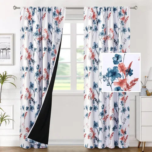 Miniatura 20 de H.VERSAILTEX Cenefas de cortina 100% opacas para ventanas de cocina, juego de 2 paneles de Cattleya con estampado floral Leah con aislamiento