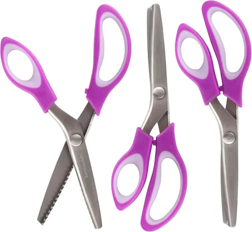 Miniatura 10 de JubileeYarn - Tijeras de entintar de grado profesional, acero inoxidable dentado de 9.5 pulgadas, color morado y naranja, 1 par