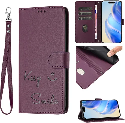 Miniatura 13 de Flip Wallet Case for Motorola Moto E32 4G (Int'l), Keep Smile Embossed Leather Cover with Card Slots, RFID Blocking, Kickstand, Wrist Strap Black.
