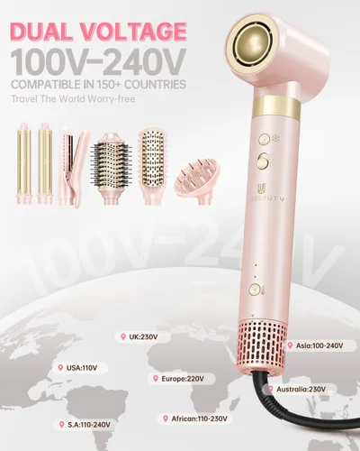 Miniatura 10 de Cepillo secador de pelo, estilizador de aire caliente de doble voltaje 8 en 1, secado rápido, 110,000 rpm, secador iónico con accesorios alisadores