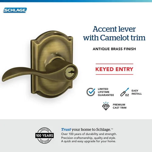 Miniatura 5 de SCHLAGE - Manija Accent con cerradura que se abre con llave y moldura Camelot en latón antiguo - F51A ACC 609 CAM