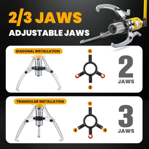 Miniatura 6 de NEWTRY Kit de extractor hidráulico de engranajes de 5 toneladas, separador de tracción de rodamientos de rueda, extractor de 3 mandíbulas, vertical