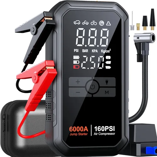 Iniciador de 10 en 1 con compresor de aire 6000A 26800mAh 160PSI Iniciador de batería de coche portátil (todo gas/12L diésel), caja de arranque de