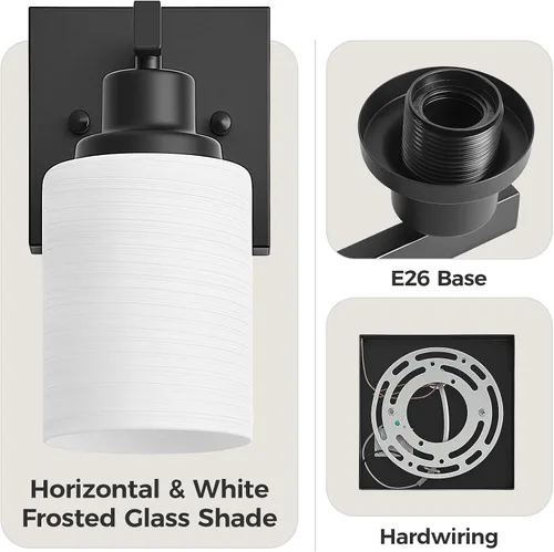 Miniatura 4 de Juego de 2 apliques de pared para baño, 1 luz negra, apliques de pared modernos para interiores con pantallas de vidrio blanco, lámpara de pared