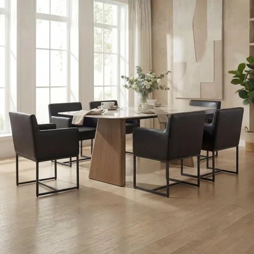 Miniatura 6 de BESTANO Juego de 2 sillas de comedor tapizadas con brazos de piel sintética de mediados de siglo, sillas decorativas modernas con marco de metal