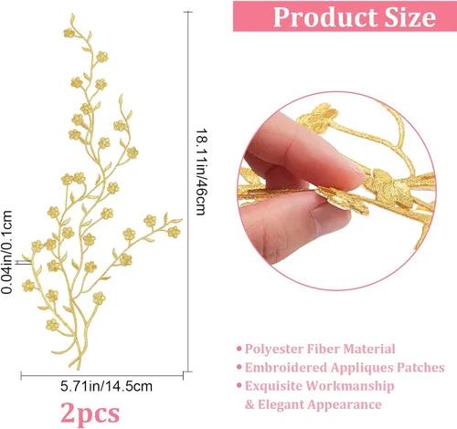 Miniatura 2 de CRASPIRE 2 piezas de apliques de flores de flores doradas ciruelas bordadas florales vestidos de tela de encaje, accesorios para reparación