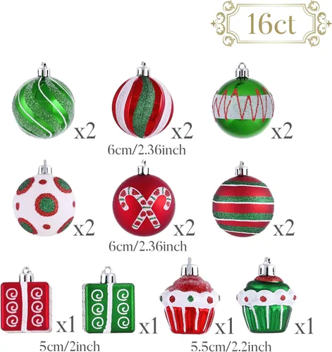 Miniatura 4 de Valery Madelyn Juego de adornos para árbol de Navidad, 16 unidades de bastón de caramelo rojo, verde y blanco, inastillables, decoración de árbol