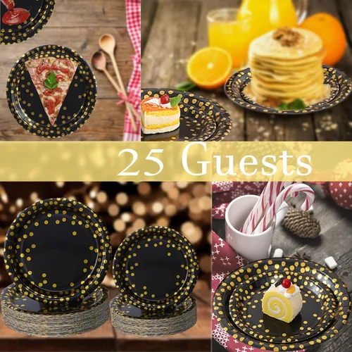 Miniatura 5 de Birthdayparties Platos redondos de papel desechables para todas las ocasiones, platos de papel de puntos dorados, paquete de 50 unidades, 25 x 9