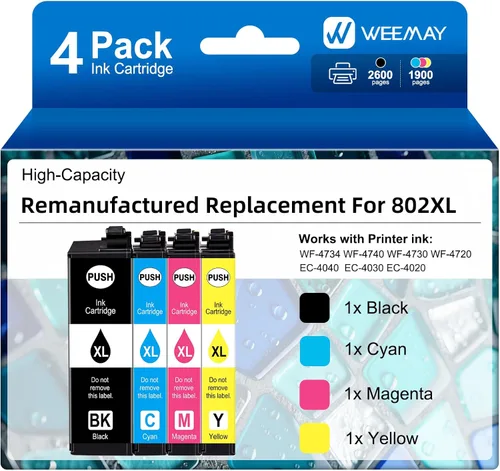 Weemay Paquete combinado de cartuchos de tinta remanufacturados de repuesto para impresoras Epson 802XL funciona con Workforce Pro WF-4734 WF-4740