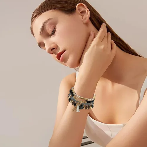 Miniatura 4 de Pulseras apilables de cuentas para mujer hombre juego de pulseras elásticas multicapa multicolor para reloj de joyería negro talla única