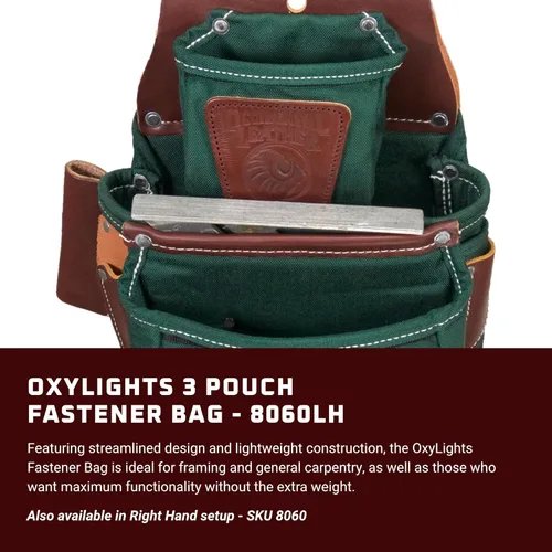 Miniatura 2 de Occidental Leather OxyLights 3 Pouch Pro Fastener Bag - Verde, mano izquierda - 9 bolsillos y portaherramientas - Fabricado en Estados Unidos