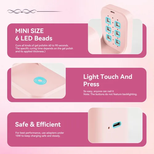 Miniatura 5 de JODSONE U V Mini lámpara de uñas recargable con temporizador inalámbrico portátil luz LED para secado rápido esmalte de gel rosa