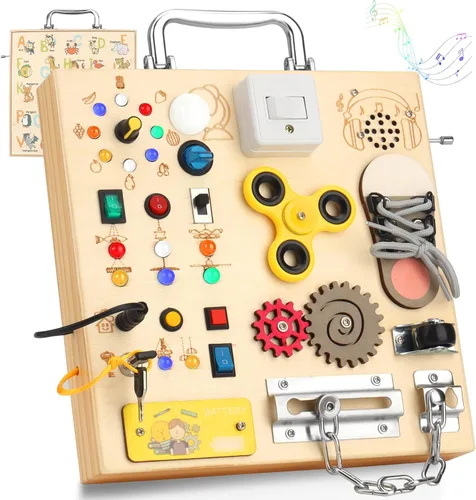 Tabla Ocupada de Madera con Luz LED – Juguetes de Aprendizaje Montessori para Bebés de 1 a 4 años, Tabla de Actividades Sensoriales, Juguetes de