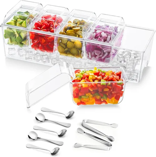 Lifewit Organizador de condimentos enfriado con hielo con 5 recipientes de 20 oz (2.5 tazas), servidor de condimentos para fiesta con tapas y
