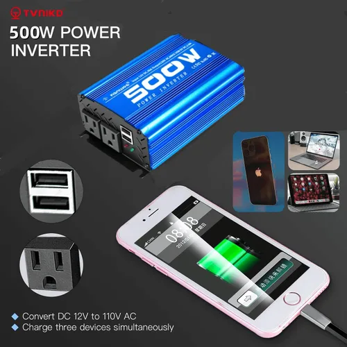 Miniatura 7 de Inversor de corriente para automóvil, tasa de inversor de 500 W/pico de 1000 W DC12V a CA 110 V RV inversor con 2 salidas de CA y 2 puertos USB