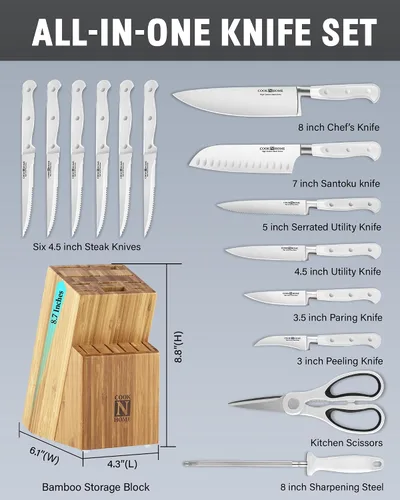 Miniatura 2 de Cook N Home Basics - Juego de cubiertos de bambú con cuchillos, hoja de acero inoxidable de alto carbono, 15 piezas, color blanco