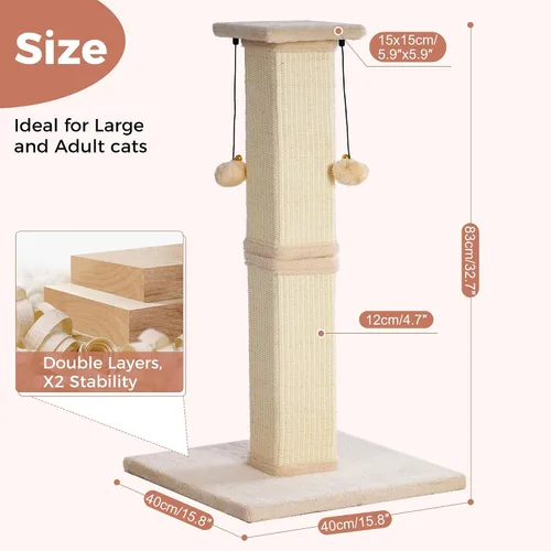 Miniatura 2 de Poste rascador grande para gatos con base resistente, poste rascador cuadrado resistente de sisal de 33 pulgadas y 2 bolas interactivas para colgar