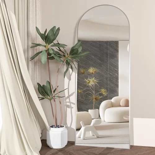 Miniatura 6 de Espejo de longitud completa de 56 x 16 pulgadas, espejo arqueado con soporte de pared, espejo de cuerpo completo plateado, para colocar de pie, Plata