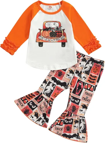 Douhoow Traje de Acción de Gracias de Feliz Halloween para bebé, niña, camiseta de calabaza, camiseta acampanada, pantalones de leopardo