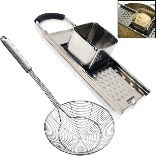 Spaetzle Maker de acero inoxidable de alta calidad con mango de agarre cómodo, colador de araña de acero inoxidable, cuchara espumadora, colador de