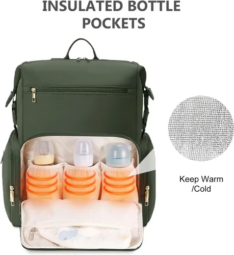 Miniatura 2 de CEI-CEI Mochila de neopreno para pañales con bolsillos aislados, bolsas grandes de maternidad para bebés recién nacidos, bolsa de viaje con Verde