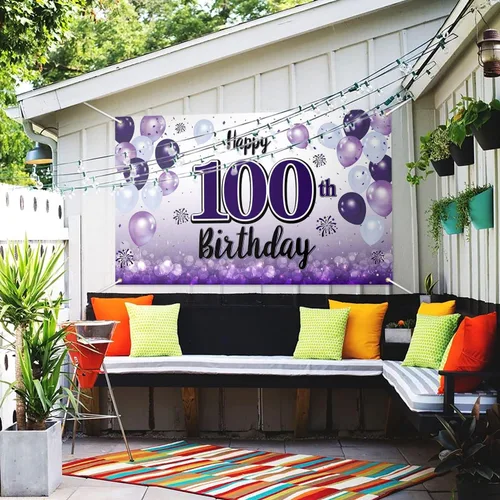 Miniatura 5 de Decoraciones de feliz cumpleaños número 100, cartel de fondo grande de globos morados de 100 años, suministros para fiesta de cumpleaños de 100 años.