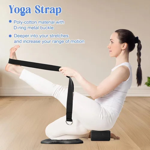 Miniatura 6 de RoundFunny Juego de 5 piezas de bloques de yoga, rodilleras, juego de correas de yoga, bloques de espuma suave de primera calidad, accesorios